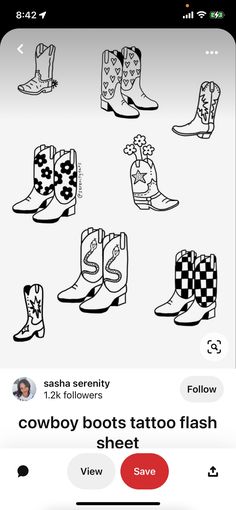 the cowboy boots tattoo flash sheet is displayed on an iphone screen, with text below it