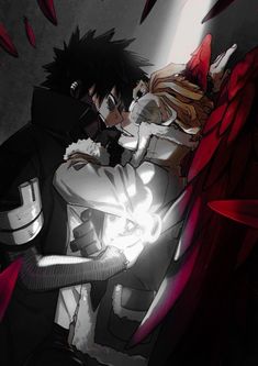 two anime characters hugging each other in front of red and black feathers on the wall