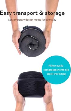 the easy transport and storage bag is shown in two different positions, with hands holding it