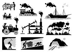 black and white icons depicting factories, coaling machines and people working in the factory