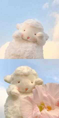 two stuffed animals sitting next to each other with flowers in the foreground and clouds in the background