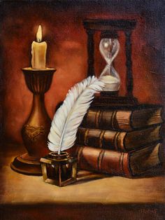 an oil painting of books and a candle with a feather quill on it next to some candles