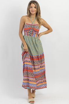 Multicolor Halter Neck Maxi Dress For Beach Season, Blue Halter Neck Maxi Dress With Tie Back, Beach Multicolor Maxi Dress With Smocked Back, Multicolor Maxi Halter Dress For Beach Season, Multicolor Smocked Back Maxi Sundress, Multicolor Maxi Sundress With Smocked Back, Green Maxi Length Halter Dress With Tie Back, Multicolor Maxi Dress With Tie Back, Fitted Summer Maxi Dress With Elastic Neckline