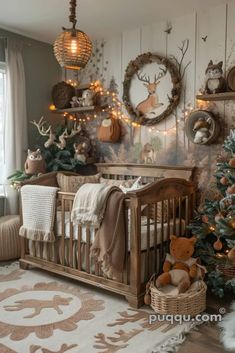 a baby's room decorated for christmas with deer decorations and lights on the wall