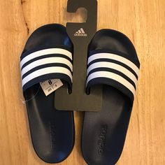 Aq1703 Navy Nwt New In Original Box With Cardboard Hanger That Holds Both Slides Up For Display Adidas Synthetic Slide Flip Flops, Blue Adidas Slides For The Beach, Adidas Non-slip Open Toe Flip Flops, Adidas Blue Synthetic Slides, Adidas Synthetic Slip-on Slides, Adidas Slides, Blue Adidas, Adidas Shoes, Flip Flop Sandals