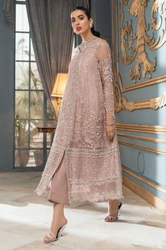 Pink Salwar Kameez with Silver Embellishments is a beautiful attire made out of pure silk organza. This dress with magnificent yet high-quality embellishments and a subtle blend of delicate details appears to be a perfect pick if you are looking for Pakistani Wedding Party Dresses. Kameez: This light Pink Salwar Kameez comes with an elegant shirt in an open style. This Long Kameez comes in premium quality pure silk organza that makes this attire breathtaking and luxurious. Fine threadwork, tilla Wedding Dress Mehndi, Suit Organza, Pink Salwar Kameez, Dress Brokat Modern, Stitch Party, Kebaya Modern Dress, Embroidery Dresses, Lace Dress Design, Kebaya Dress