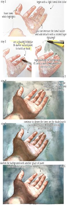 the instructions for how to draw hands with colored pencils and watercolor paints on paper