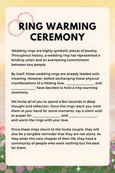 a sign that says ring warming ceremony with flowers in the background and text on it