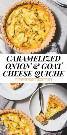 caramelized onion and goat cheese quiche on a plate with a slice missing