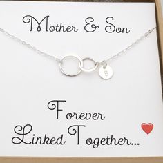 ❤️ PERSONALIZED 2 CIRCLE MOTHER AND SON NECKLACE WITH CARD - IN SILVER, GOLD OR ROSE GOLD ❤️ * Comes with a 2" extender (for the PERFECT fit when giving) * Solid sterling 925 silver half-hammered circles with silver, gold or rose gold finish * Includes the "Mother & Son Forever Linked Together" mounting card (in first photo) * Chains are flat finished to catch the light -- and sparkle * Comes in a nice gift box -- so you can send directly to your loved one * The perfect gift for any mother with Remembering A Loved One, Son Necklace, Photo Chain, Interlocking Circle Necklace, Personalized Memorial Gifts, Mother And Son, Cute Gift Boxes, Mother Son, Mom Jewelry