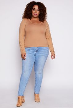 Ambiance, Long Sleeves, Scoop Neck, T-Shirt, Lined, Solid, Fleece, Item Number 3917054265565 Item Number, Neck T Shirt, Camel, Scoop Neck, Long Sleeves, Plus Size, Long Sleeve, T Shirt