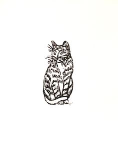 a black and white drawing of a cat sitting on the ground with its eyes closed