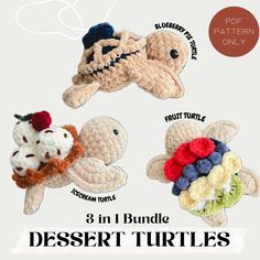 three crocheted turtles with different colors and sizes