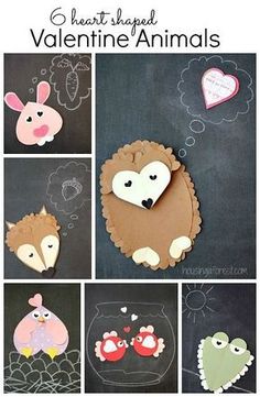 paper cut out animals and hearts on a blackboard