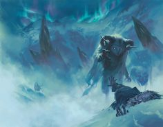 an image of a monster attacking another creature in the snow with mountains behind it and blue sky above