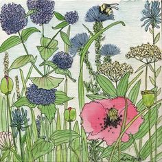 a drawing of flowers and bugs in the grass