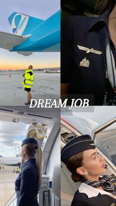 four pictures with the words dream job and an image of a woman standing in front of a plane