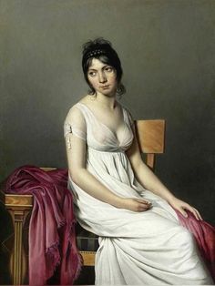 a painting of a woman in white dress sitting on a chair with a pink blanket