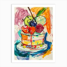 a painting of a cake with fruit on top