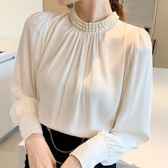 Elegant Chiffon Top For Office Wear, Elegant Long Sleeve Chiffon Blouse, Chiffon Long Sleeve Office Blouse, Elegant Solid Chiffon Blouse, Formal Blouses, Stand Collar Blouse, Chiffon Shirt Blouse, Evening Blouses, Stylish Short Dresses