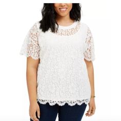 New Store Display With Tagsee Pictures Style# W7jh0120/Ivory-Color 34%Cotton/33%Nylon/33%Rayon 100%Polyester-Lining Tommy Hilfiger's Plus Size Top Features A Layer Of Sheer Lace Cut Like A Casual T-Shirt. A Delicate Camisole Provides The Base For This Truly Lovely Look. Crew Neckline Lace Overlay; Scalloped Cuff And Hem Elegant White Tommy Hilfiger Tops, Tommy Hilfiger Fashion, Floral Lace Shorts, Tommy Hilfiger Top, Plus Size Lace, Scoop Neck Blouses, Blue Floral Blouse, White Lace Top, Tommy Hilfiger Shirts