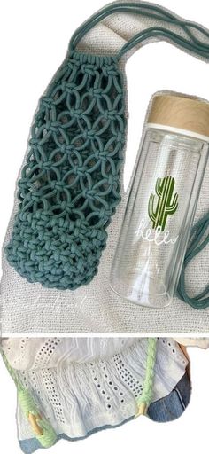 a knitted bag with a cactus on the side and a glass mug in front