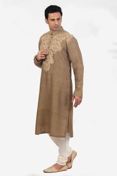 Brown dupion silk kurta with kantha hand embroidery. Comes with churidar. - Aza Fashions Men Kurta, Silk Kurta, Dupion Silk, Churidar, Mandarin Collar, Aza Fashion, Hand Embroidered, Hand Embroidery, Embroidery