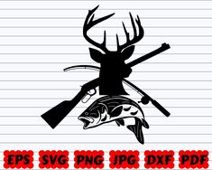 an image of a deer with fishing gear on it's back and the words epss svg png dxf file