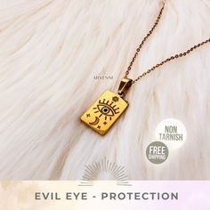 Ward off negativity with our Evil Eye Necklace, a protective charm and a stunning piece of spiritual jewelry. This dainty gold necklace features the iconic Evil Eye charm, known for its spiritual and protective qualities. 🌟👁️✨   Crafted with care, this Evil Eye Charm Necklace is not just an accessory; it's a symbol of protection and positivity. Whether you're drawn to the mystical or appreciate minimalist style, this necklace adds a touch of elegance.  ✓ 16-18 inch / 40-45cm *adjustable chain Spiritual Rectangular Jewelry For Good Luck, Rectangular Spiritual Jewelry For Good Luck, Rectangular Spiritual Good Luck Jewelry, Spiritual Rectangular Good Luck Jewelry, Mystical Gold Charm Necklace Gift, Gold Nickel-free Healing Charm Necklaces, Gold Nickel-free Charm Necklaces For Healing, Gold Symbolic Evil Eye Charm Necklaces, Gold Symbolic Charm Necklaces With Evil Eye