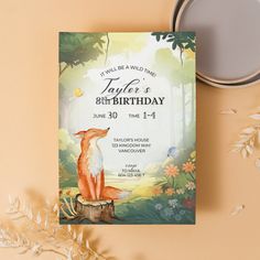 a birthday card with an image of a fox sitting on top of a tree stump