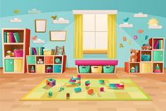 a child's room with toys, bookshelves and other items on the floor