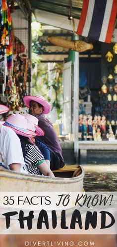 three people wearing pink hats in a boat with text overlay that reads, 35 facts to know thailand