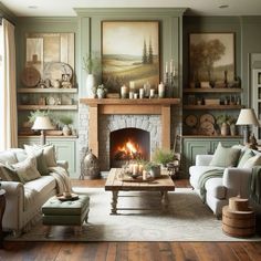 a living room filled with furniture and a fire place in the middle of a room