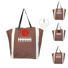 "Monogrammed Football Bag - Monogram Football Tote Bag - Personalized Football Mom Bag This adorable canvas football tote is perfect for taking to the game! Awesome for the proud Football Moms, too. Lined interior Magnetic snap closure Faux leather handle Zipper interior pocket Materials : Canvas Length/Height/Width : 21.5\"W (top) / 20\"W (bottom) / 17\"H / 8\"D Customize a set by adding your name or initials. Personalization information Please leave all personalization information in the perso Football Bags, Baseball Tote Bag, Football Moms, Football Bag, Buffalo Plaid Pajamas, Baseball Bag, Mom Bag, Mom Bags, Personalized Football