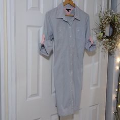 Tommy Hilfiger Shirt Dress, With Side Pockets, Two Small Chest Pockets, 3/4 Sleeves, Super Comfortable For Summer, 100% Cotton, Never Worn But Please Note That The Belt Is Missing. Spring Cotton Shirt Dress With 3/4 Sleeves, Cotton Shirt Dress With 3/4 Sleeves For Spring, Cotton Shirt Dress With 3/4 Sleeves For Work, White Cotton Tommy Hilfiger Dress, Tommy Hilfiger Shirt, Tommy Hilfiger Dress, Tommy Hilfiger Dresses, Tommy Hilfiger Shirts, Small Chest