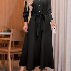 Black Long Sleeve Maxi Dress For Office, Black Long Sleeve Office Maxi Dress, Solid Color Long Sleeve Maxi Dress For Office, Solid Long Sleeve Maxi Dress For Office, Long Sleeve Maxi Dress For Office, Office Maxi Dress With Long Sleeves, Casual Long Sleeve Maxi Dress For Office, Casual Attire For Women, Home Dress