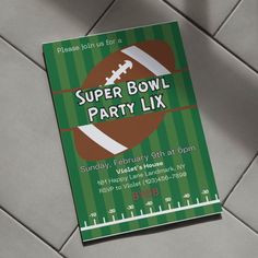 a green and white football themed party flyer on a tile floor with the words super bowl party lix