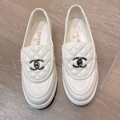 Great Condition (Worn 2-3 Times) Loafers In Beautiful White Leather. Selling Because They Are A Bit Too Narrow For Me. There Was A Scuff On Right Toe That Was Repaired At Cobbler (See Photo). Chanel Loafers, Shoes Chanel, Chanel Shoes, Cobbler, Beverly Hills, White Leather, Flat Shoes Women, Loafer Flats, Dust Bag