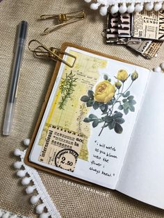 Scrapbook, journaling, journal, vintage, flowers, flower, yellow Flower Junk Journal Ideas, Junk Journal Layout Ideas, Junk Journal Spread, Vintage Journal Ideas, Junk Journal Pages Ideas Layout, Scrapbook Journal Pages, Retro Decals, Junk Journal Inspiration