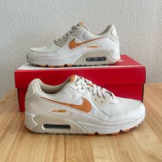 In Great Condition Only Worn A Handful Of Times. I Have Too Many Pairs And Need To Clear Some Room. Air Max 90’s In An Off White/Pale Ivory Color With Orange Accents. Nothing As Fly, Nothing As Comfortable, Nothing As Proventhe Nike Air Max 90 Stays True To Its Roots With The Iconic Waffle Sole, Stitched Overlays. Fresh Details Give A Modern Look While Max Air Cushioning Adds Comfort To Your Journey. Shown: Sandrift/Orange W 9 /M 7.5 Outer: Leather 100%, Fabric 100% Sole: Rubber 100% Lining: Fabric 100% Orange Cushioned Slip-on Sneakers, Nike Air Max 90 Se, Orange Accents, Nike Air Max 90, Ivory Color, Lining Fabric, Womens Shoes Sneakers, Air Max, Nike Air Max