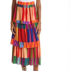 Tiers Patterned In Colorful Stripes Create Movement And Flow On A Vibrant Midi Skirt That’s Sure To Turn Heads. 34 1/2” Length Unlined 100% Viscose Multicolor Ruffled Midi Skirt, Chic Multicolor Tiered Skirt Bottoms, Chic Multicolor Tiered Skirt, Chic Multicolor Long Skirt, Rio Sunset, Striped Midi Skirt, Farm Rio, Pajama Shirt, Blush Makeup