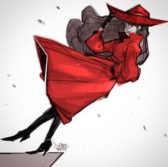 a drawing of a woman in a red dress and hat is flying through the air