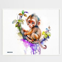 a watercolor painting of a monkey sitting on a branch with leaves and flowers around it