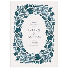 a wedding save the date card with an image of leaves and foliage in blue on white