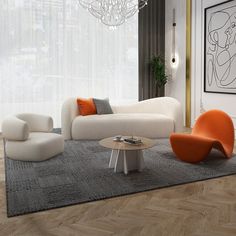 a living room with white couches and orange chairs