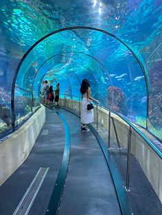 people are walking through an aquarium looking at the fish