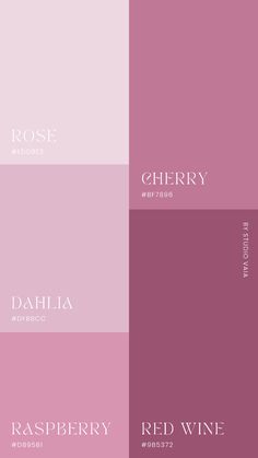 four different shades of pink and purple with the words red wine in white on them