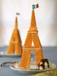 a plate with an ice cream sundae in front of the eiffel tower