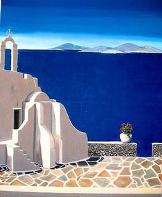 a painting of a church by the sea with flowers on it's side and mountains in the background