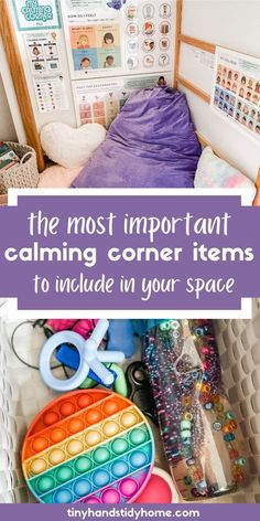 the most important calming corner items to include in your space with text overlay that reads, the most important calming corner items to include in your space